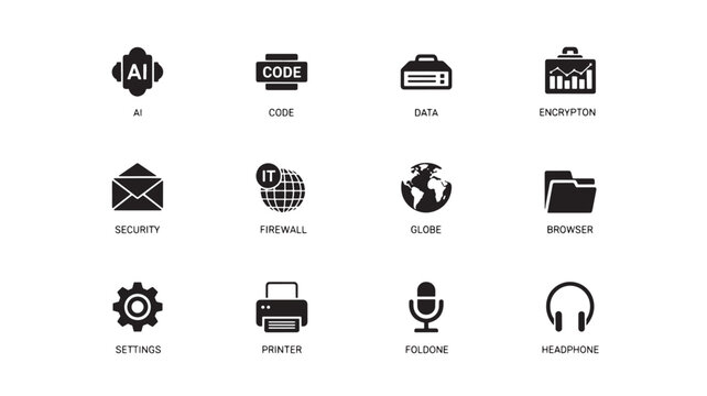 Icons representing essential business and information technology tools like artificial intelligence, global networks, printers, and audio equipment are shown.