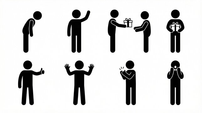 "Eight black stick figure icons showing gestures: bowing, waving, giving gifts, holding, thumbs-up, excitement, clapping, and surprise."