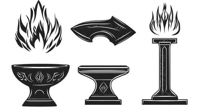 Black and white illustration of various ancient objects, flame, bowl, torch, anvil, and related tools