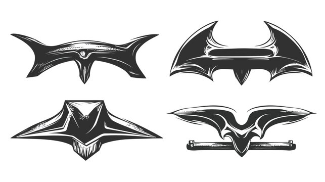 Four stylized illustrations of winged, symmetrical shapes in varying designs and arrangements