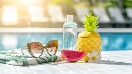 Obraz premium Tropical poolside refreshment setup with pineapple, watermelon, and sunglasses