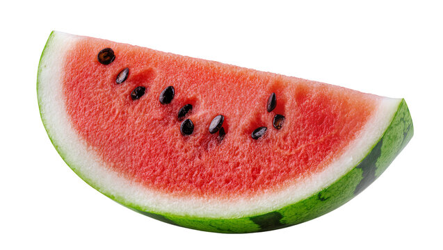 Juicy red watermelon slice with black seeds, isolated on transparent background