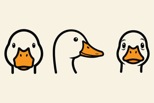 Whimsical Flat Vector Duck Head Illustration Collection, Cute White Duck Mascot from 3 Angles