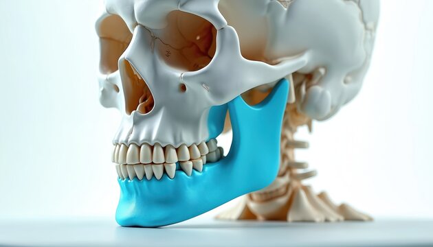 Human mandible bone highlighted blue on anatomical skull model. Detailed 3D render shows jaw structure, teeth, and facial anatomy for medical education.