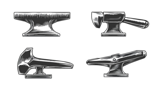 Black and white illustration of four different metal anvil types, showcasing blacksmith tools