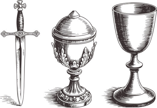 Engraved Sword Chalice and Goblet White Background Vintage Style engraving