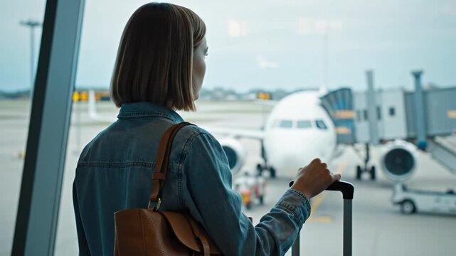 Woman stands at airport window with luggage looking at plane and travel terminal