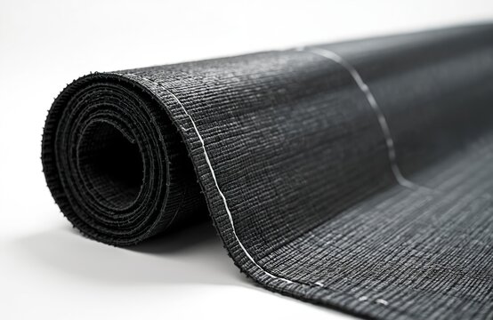Rolled black geotextile fabric for outdoor use. Material offers drainage filtration separation reinforcement for ground projects. It prevents weed growth for gardens.