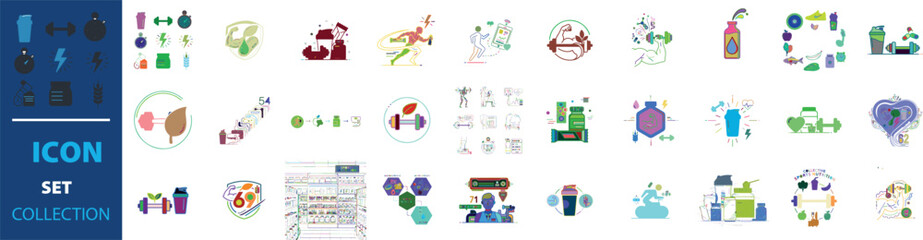 Fototapeta premium Modern flat icon set collection, fitness and healthy lifestyle vector elements, medical and wellness infographic symbols for web design