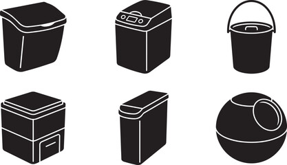 Vector silhouette set of geometric interior composting icons featuring electronic composter, wall mounted bin, bamboo pail and futuristic orb © Abdul Hamid