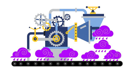 Naklejka premium A colorful vector graphic illustration of a machine producing purple clouds with rain on a conveyor belt