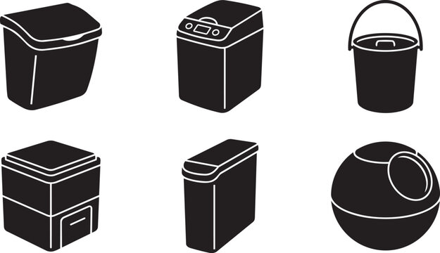 Vector silhouette set of geometric interior composting icons featuring electronic composter, wall mounted bin, bamboo pail and futuristic orb