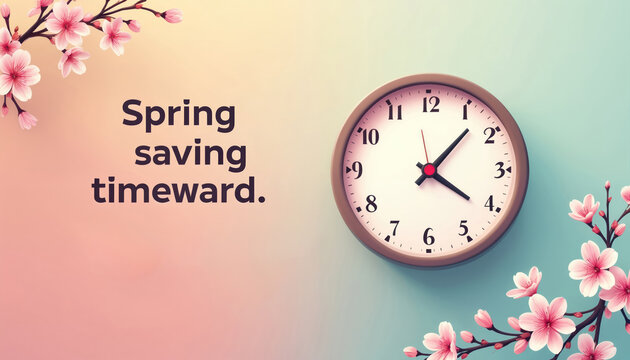 Clock face with spring flowers. Daylight Saving Time starts, time moves forward. Seasonal change reminder for scheduling and planning. Awareness of time adjustment.