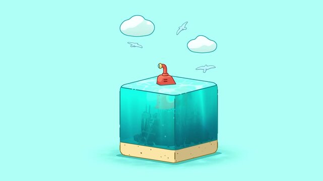 Submarine illustration featuring a red vessel inside a transparent blue water cube on a sandy base with clouds and birds in a minimalist whimsical cartoon style
