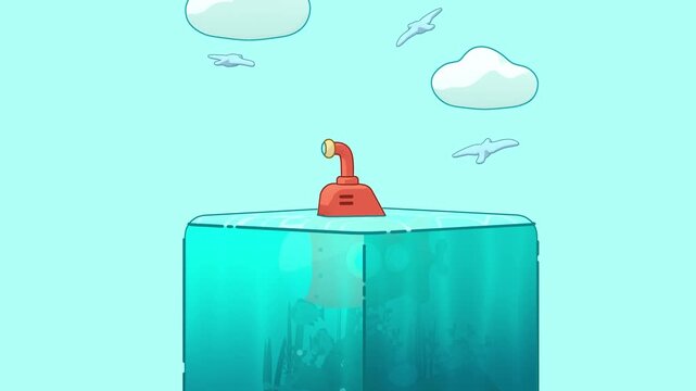 Red submarine periscope peaking from a stylized water cube with swimming fish and coral silhouettes under a clear sky in a vibrant 2D vector illustration style