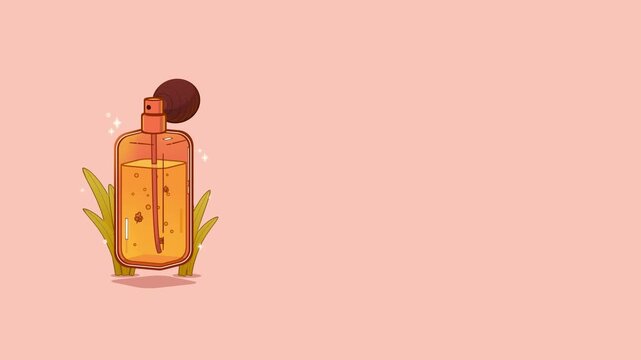 Vintage perfume bottle with orange liquid and a brown spray bulb positioned on the left side of a minimalist pink frame with subtle sparkles and green leaves