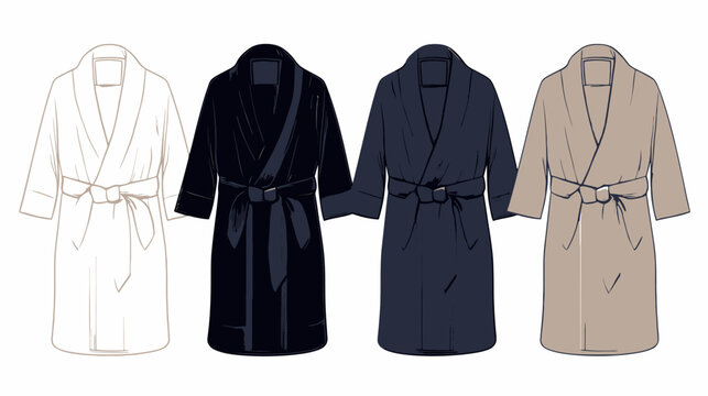 Fashion illustration featuring four different colored dressing gowns with shawl collars and tie belts