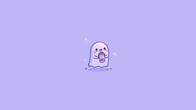 Ghost character drinking bubble tea with pink boba pearls on a lavender purple background in a cute minimalist kawaii cartoon illustration style