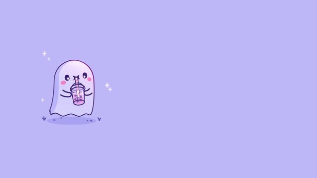 Cute ghost illustration holding a pink bubble tea cup on the left side of a minimalist purple background with small sparkles and tiny grass tufts