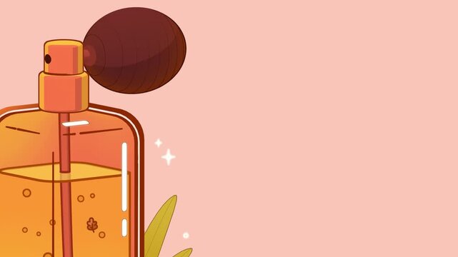 Antique perfume bottle with a brown atomizer bulb on the left side of a soft pink frame featuring golden liquid and sparkling light effects in a vector style