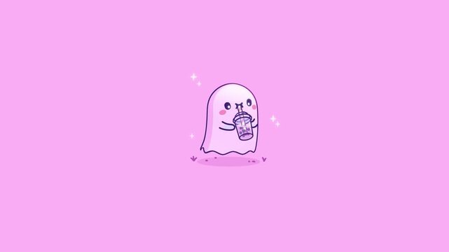 Tiny ghost character floating and drinking pink boba tea in the center of a bright magenta background with sparkles and a soft ground shadow