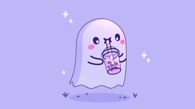 Kawaii ghost character closeup enjoying a purple bubble tea with pink boba pearls and shining sparkles in a vibrant 2D vector cartoon illustration