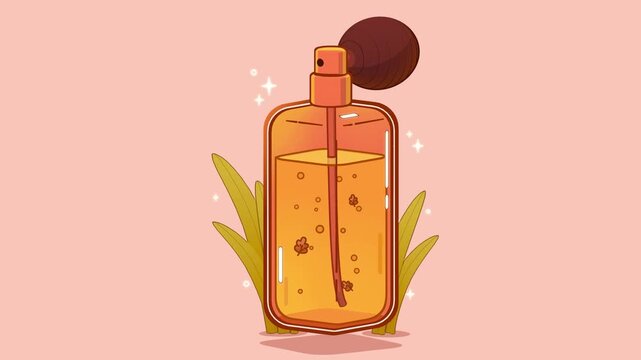 Fragrance bottle closeup featuring amber liquid and a vintage bulb atomizer with floating leaf particles and sparkles in a warm sunlit vector illustration