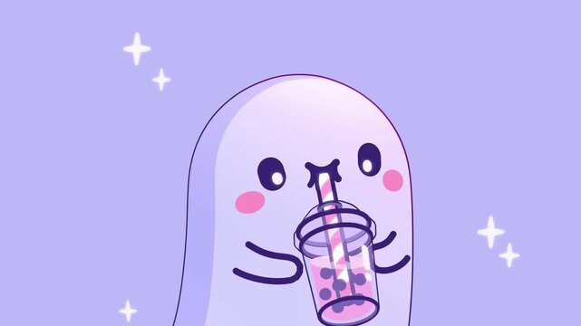 Cute ghost character drinking pink bubble tea with boba pearls against a solid purple background in a whimsical and charming 2D digital illustration style