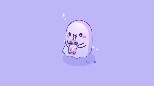 Minimalist ghost illustration holding a cup of pink boba milk tea on a lavender background with sparkling stars in a sweet and playful aesthetic