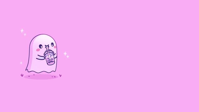 Small ghost illustration drinking bubble tea placed on the left side of a vibrant pink horizontal background with sparkling decorative elements