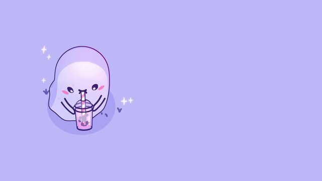 Adorable ghost character sipping bubble tea positioned on the left side of a wide purple frame with ample negative space for design and copy