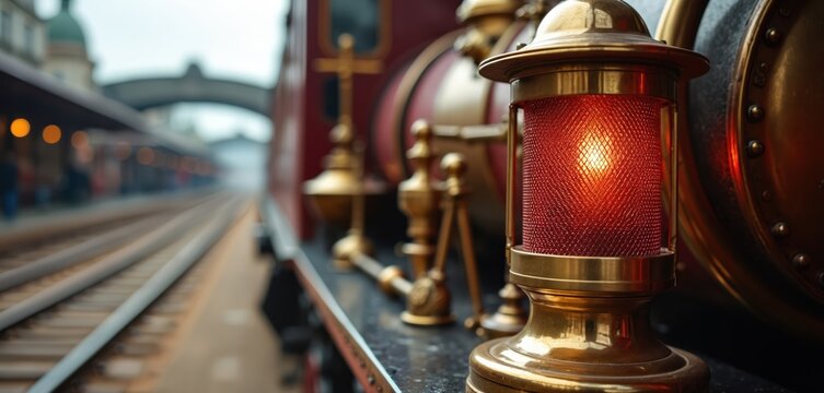 Close view of red lantern on vintage train side. Gleaming brass details ornate locomotive. Steam engine waits at station, railway tracks stretch into distance.