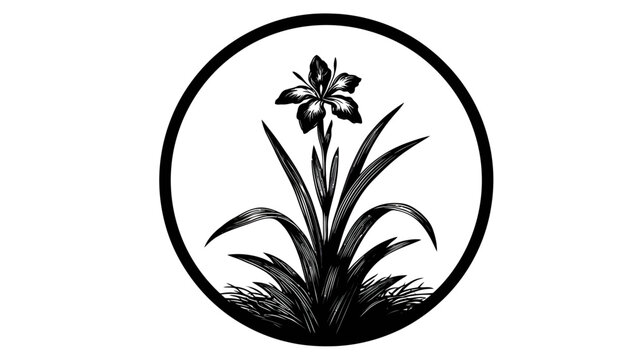 A detailed black and white illustration of a stylized iris plant within a circular frame