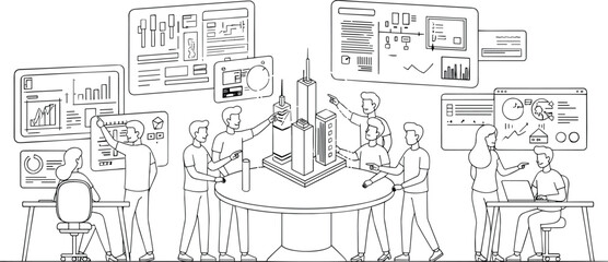 Naklejka premium Architectural team working on 3D city model and digital blueprints for smart urban development planning and collaborative construction project line art vector.