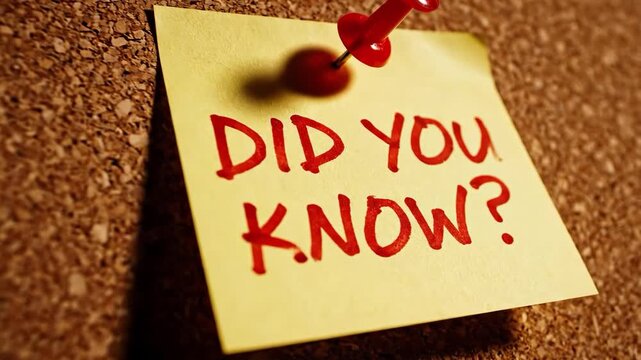 Did you know question mark on yellow sticky note pinned to cork board
