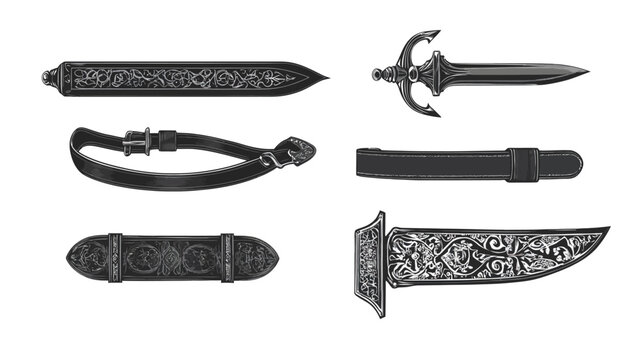 Intricate black and white illustrations of various weapons, belts, and decorative elements