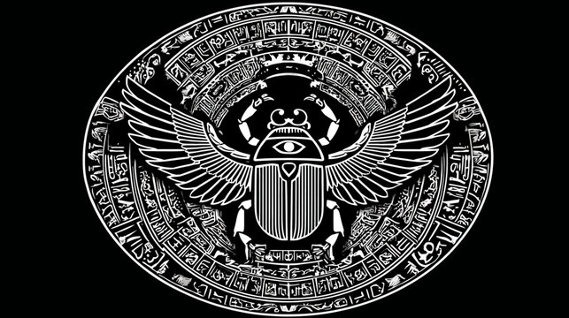 A stylized white emblem depicting an eye beetle with wings, and hieroglyphs on a black circular background
