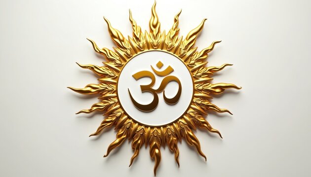 Golden Om symbol radiate from sunburst shape. Sacred spiritual icon on white background. Represents peace, harmony and divine energy. Used in Hindu and Buddhist practices.