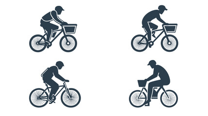 Fototapeta premium Four black silhouettes of people riding bicycles, two with baskets, one with a backpack, and one with a device