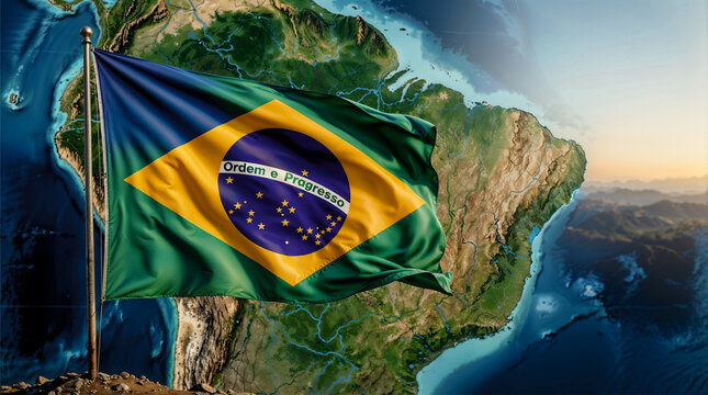 Brazil Independence Day: flag waving over country map at sunset, symbolizing patriotism and national pride
