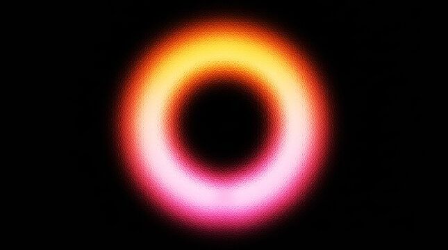 Glowing neon ring with vibrant orange and pink gradient, abstract circular light effect on black background, futuristic halo design element