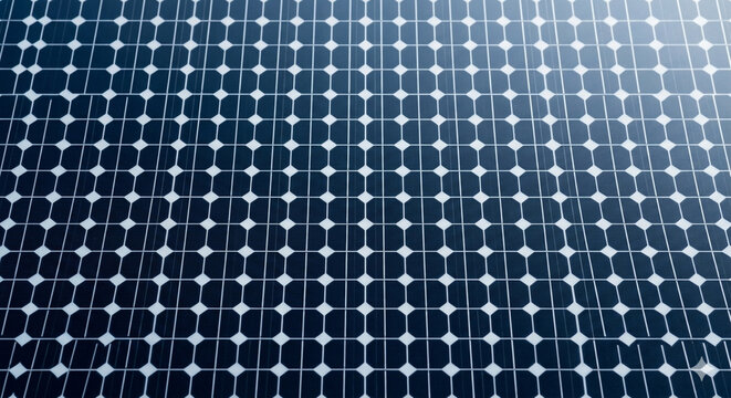 Top-down technical texture of monocristalline silicon solar cells surface. Extreme close-up of repeating grid pattern with fine silver busbars and contacts. Sustainable energy technology. No logos.