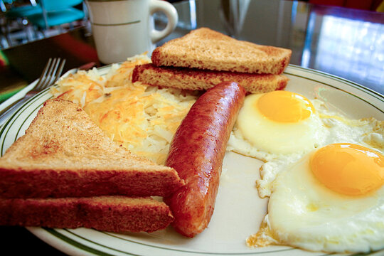 Classic American breakfast with eggs, sausage, and toast