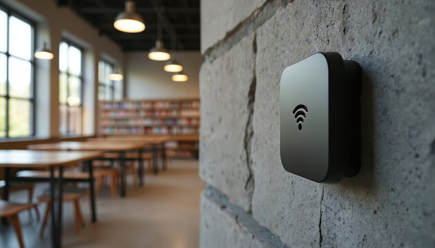 Wall mounted wifi device on concrete wall in library. Blurred shelves and tables background. Modern wireless internet tech. Network signal emitter for connected students.