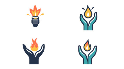 Fototapeta premium Collection of stylized illustrations featuring hands cupping flames and light bulbs, with varying colors