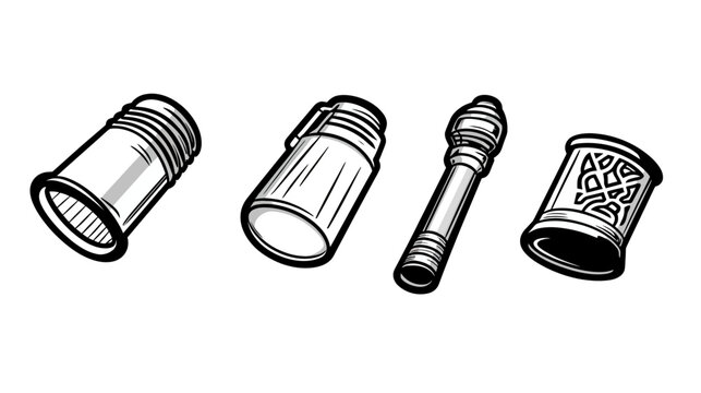 Four stylized illustrations, black outlines and grey shading, on a white background. Each object has a cylindrical shape