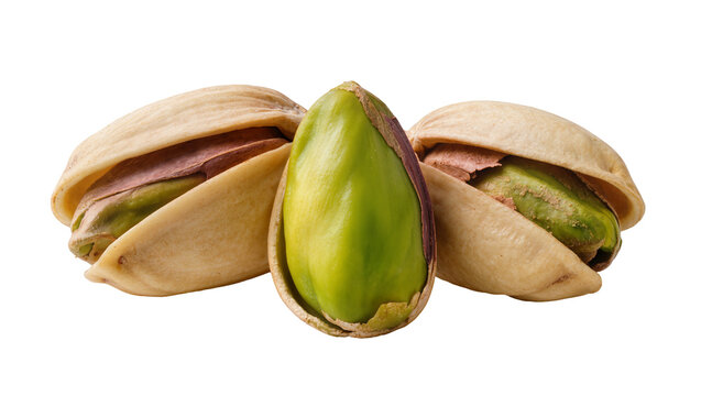 Three shelled and unshelled pistachios with vibrant green kernels, isolated on transparent background