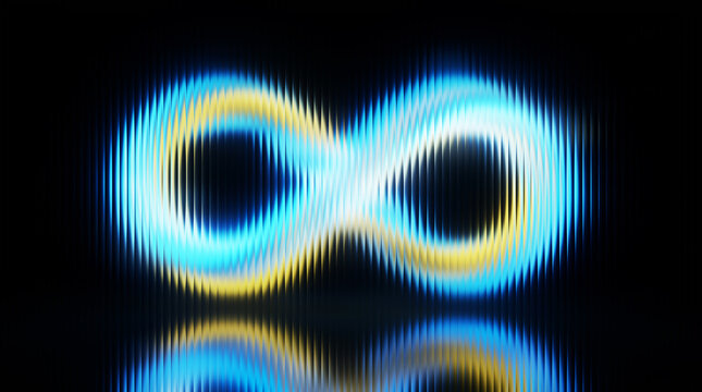 Glowing vertical strip glass infinity symbol with digital glitch effect, neon blue and yellow light loop on black background, futuristic mathematical sign with scanlines