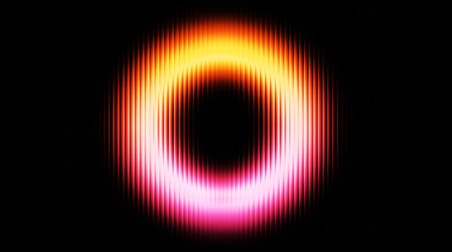 Abstract vertical strip glass glowing ring with vertical light streaks, vibrant orange and pink neon circle on black background, futuristic energy halo with digital glitch texture