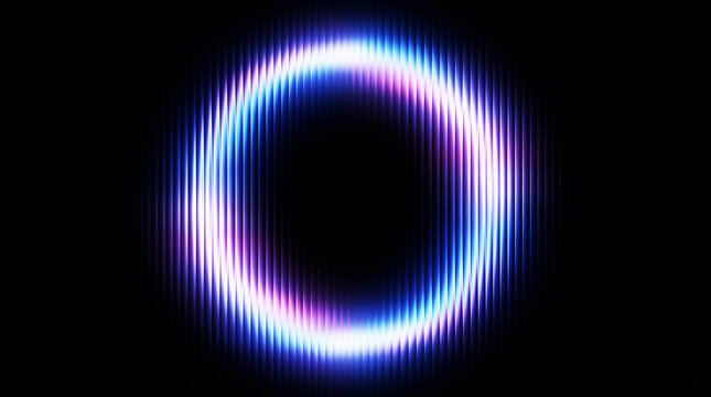 Futuristic vertical glass neon glowing circle with vertical light scan lines, abstract blue and purple luminous ring, high-tech digital portal on black background